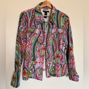 Boston Proper Jacket Sz L Multi Color Bright Floral Paisley Print Gold Buttons